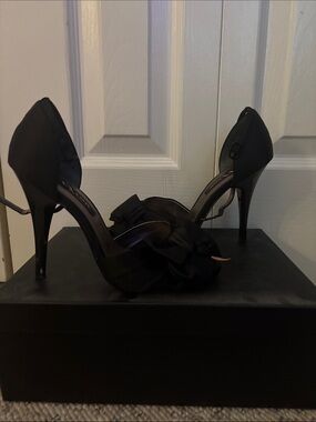 Nina Black Satin D'Orsay Heels with Bow Accent